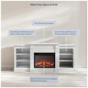 Lareira Elétrica Belleze 168x77cm 1400W TV Stand Prateleiras Branco 110V