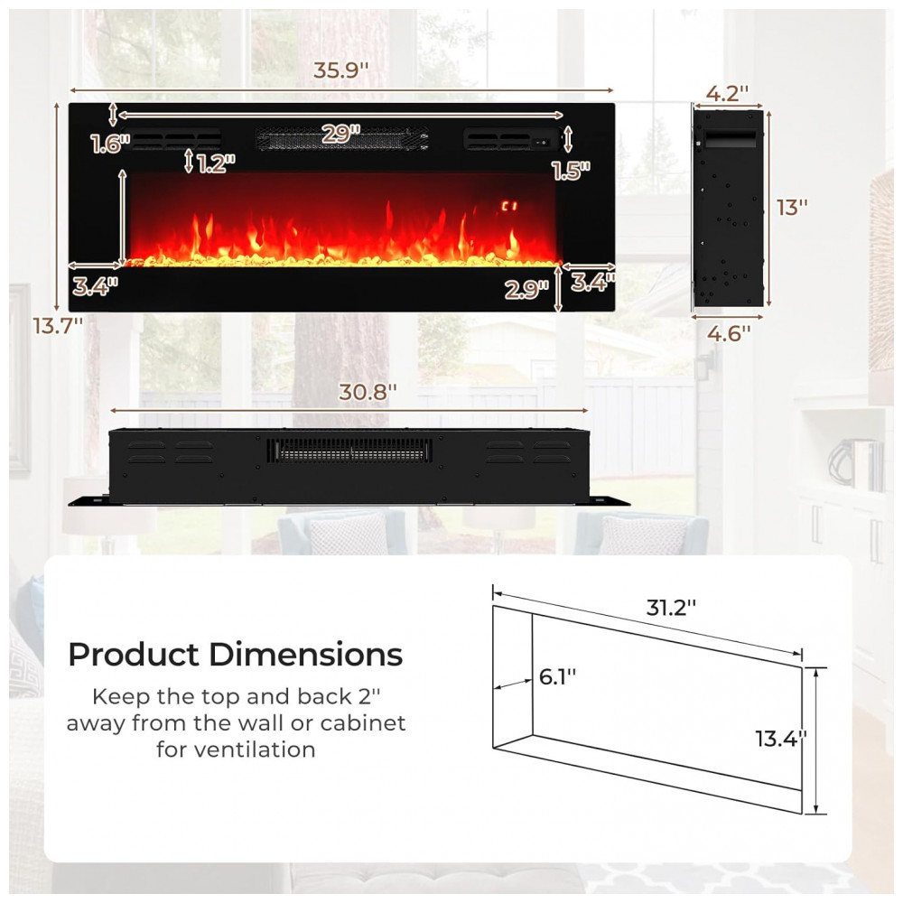 Lareira Elétrica COSTWAY 91x35cm 1500W Chamas LED Ajustáveis Embutir 110V