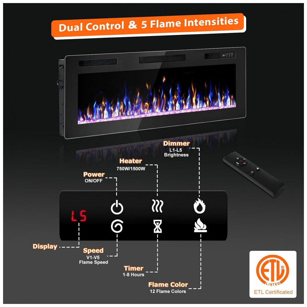 Lareira Elétrica VENDORZ 107x46cm 1500W 12 Cores LED Timer Embutir 110V