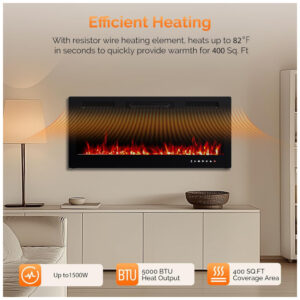 Lareira Elétrica ROVSUN 107x47cm 1400W WiFi App 12 Cores LED Embutir 110V