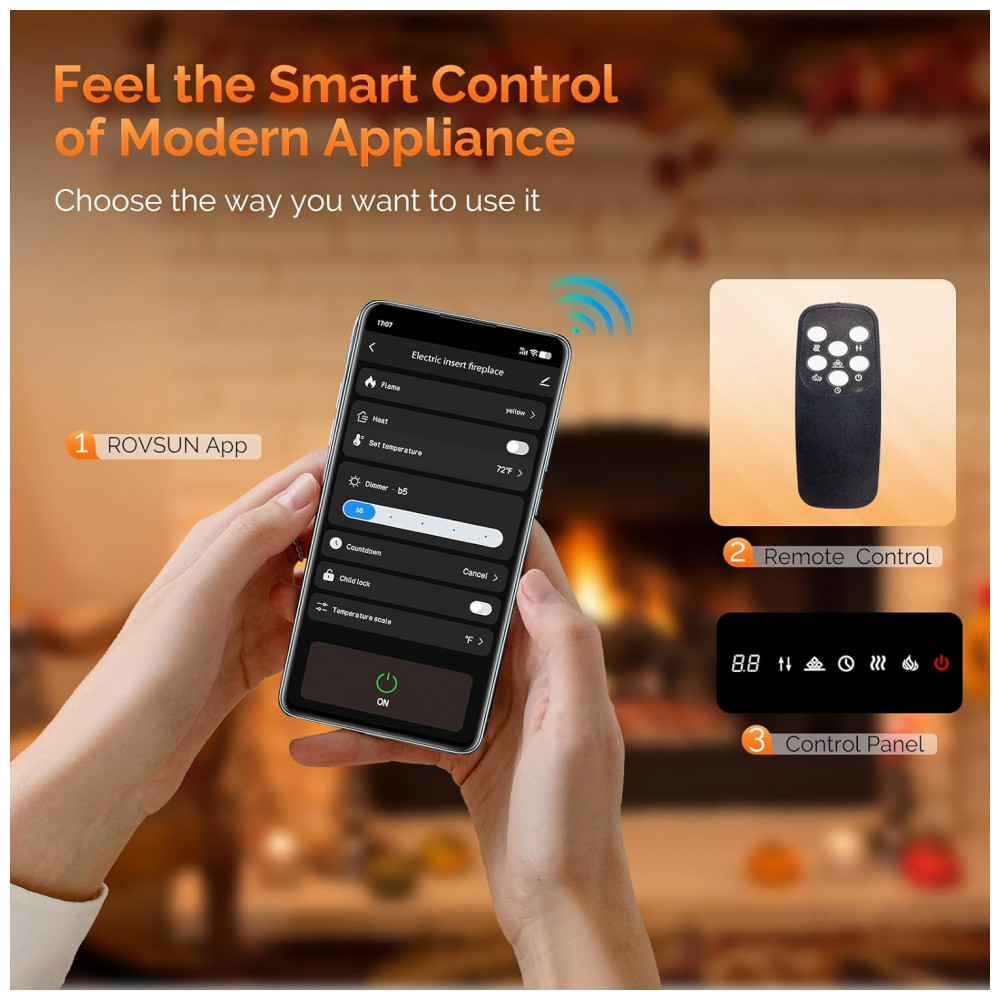 Lareira Elétrica ROVSUN 107x47cm 1400W WiFi App 12 Cores LED Embutir 110V