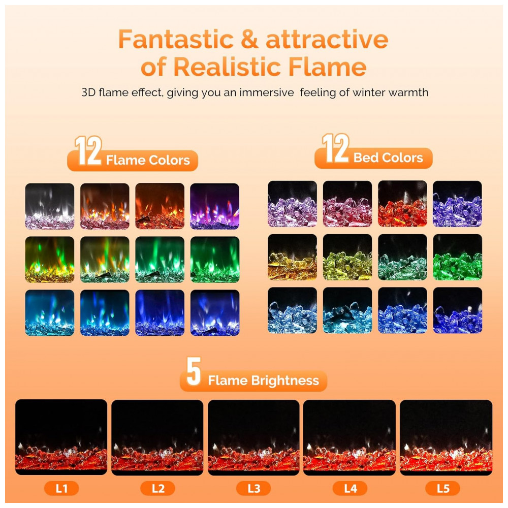 Lareira Elétrica ROVSUN 107x47cm 1400W WiFi App 12 Cores LED Embutir 110V