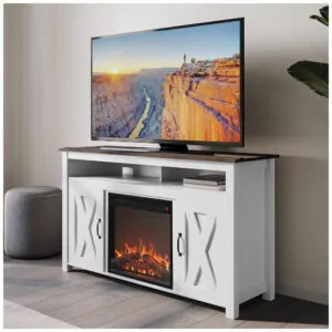 Rack TV Belleze 121x75cm Lareira Elétrica 1400W Barn Door Branco 110V