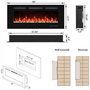 Lareira Elétrica VINEMOUNT 107x45cm 1500W Chamas Multicolor Timer Embutir 110V