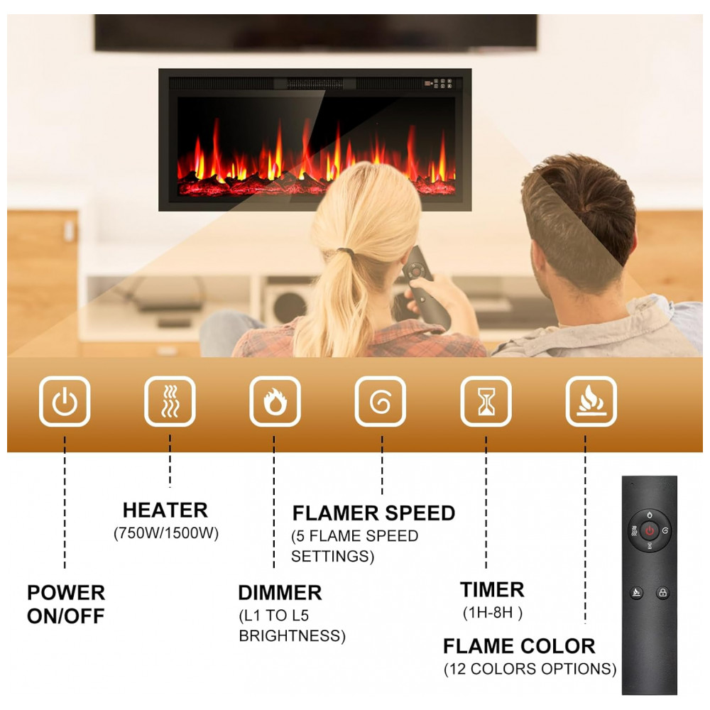 Lareira Elétrica Eueiriup 107x33cm 1500W LED 12 Cores Touch Embutir 110V