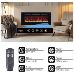 Lareira Elétrica Carsynflame 122x45cm 1500W 169 Combinações Chamas Embutir 110V