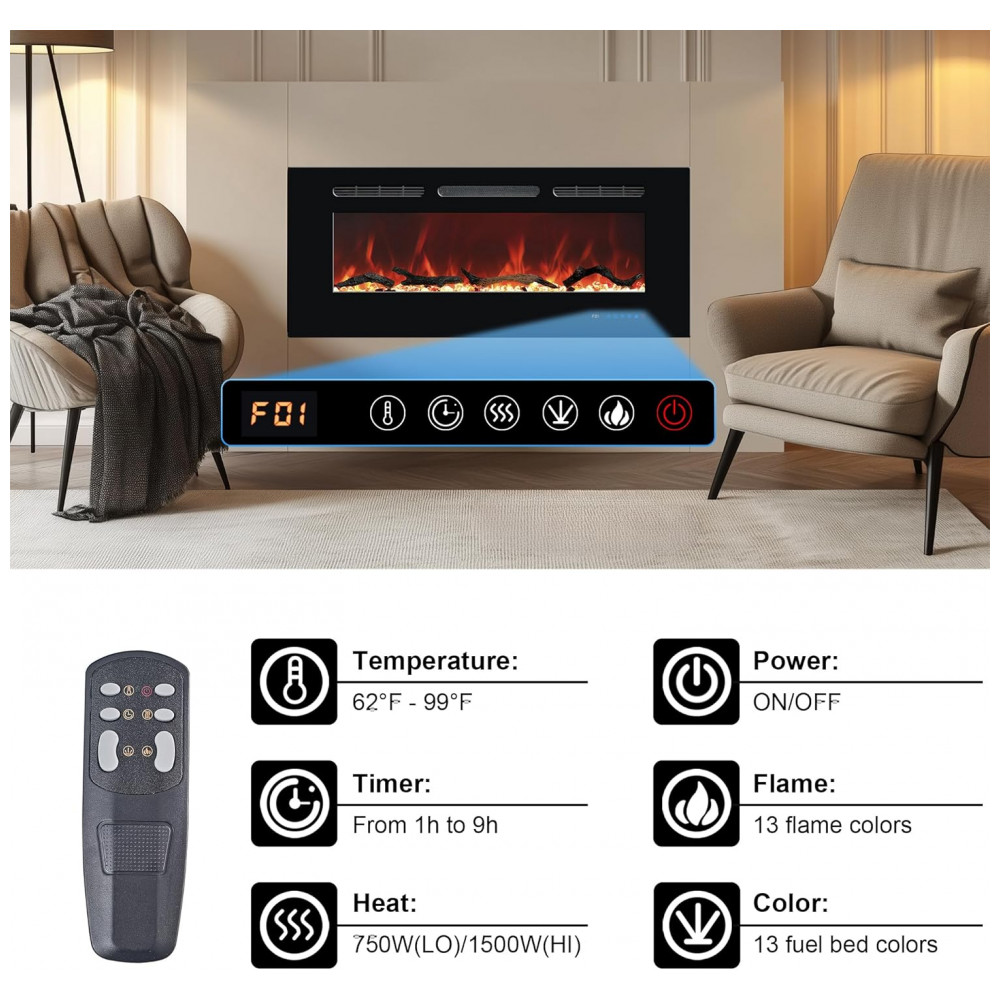 Lareira Elétrica Carsynflame 122x45cm 1500W 169 Combinações Chamas Embutir 110V