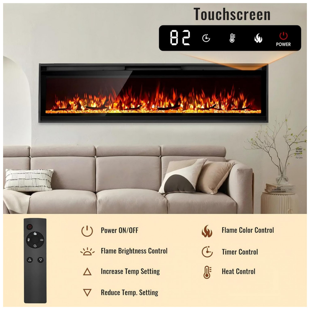 Lareira Elétrica TUAN 152x34cm 1500W Chamas Multicoloridas Touchscreen Embutir 110V