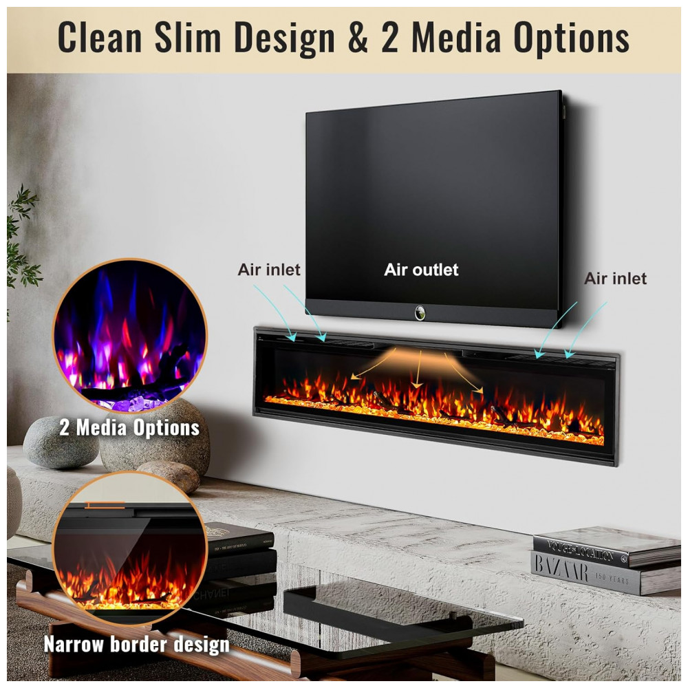 Lareira Elétrica TUAN 152x34cm 1500W Chamas Multicoloridas Touchscreen Embutir 110V