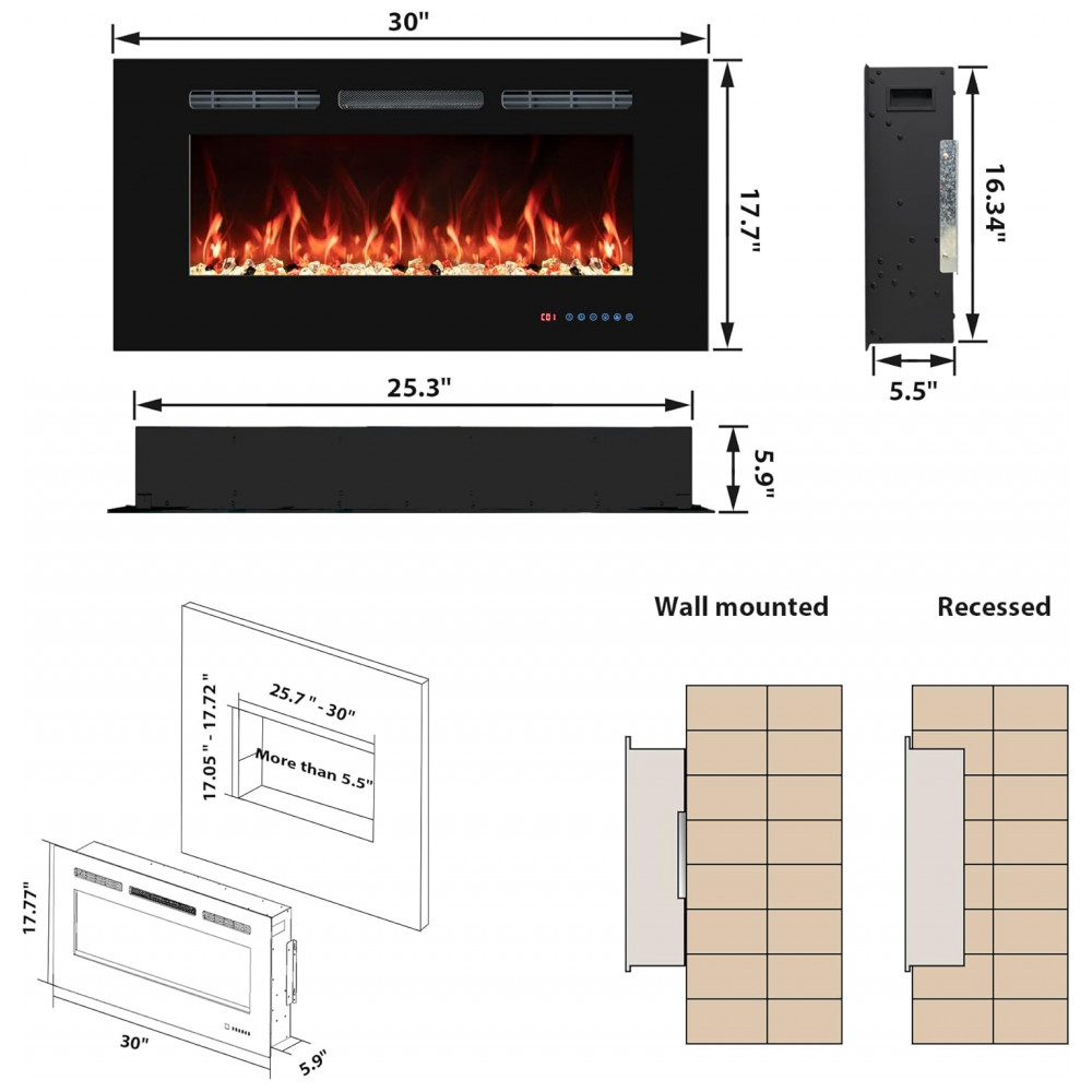 Lareira Elétrica VINEMOUNT 76x45cm 1500W 13 Cores LED Quartzo Embutir 110V