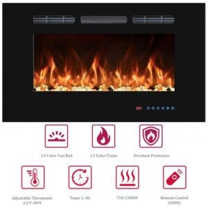 Lareira Elétrica VINEMOUNT 76x45cm 1500W 13 Cores LED Quartzo Embutir 110V