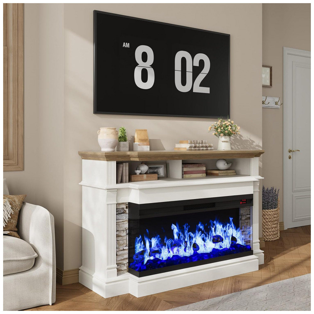 Rack TV Lareira Elétrica QUW 132x86cm Chamas 3D Vidro 3 Lados Branco Antigo 110V