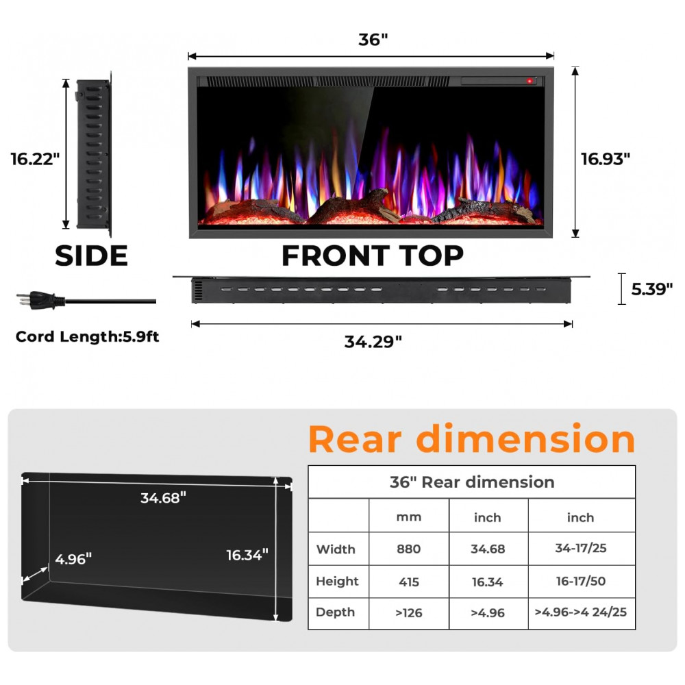 Lareira Elétrica R.W.FLAME 91x43cm 1500W WiFi Alexa Sons Chamas LED Embutir 110V