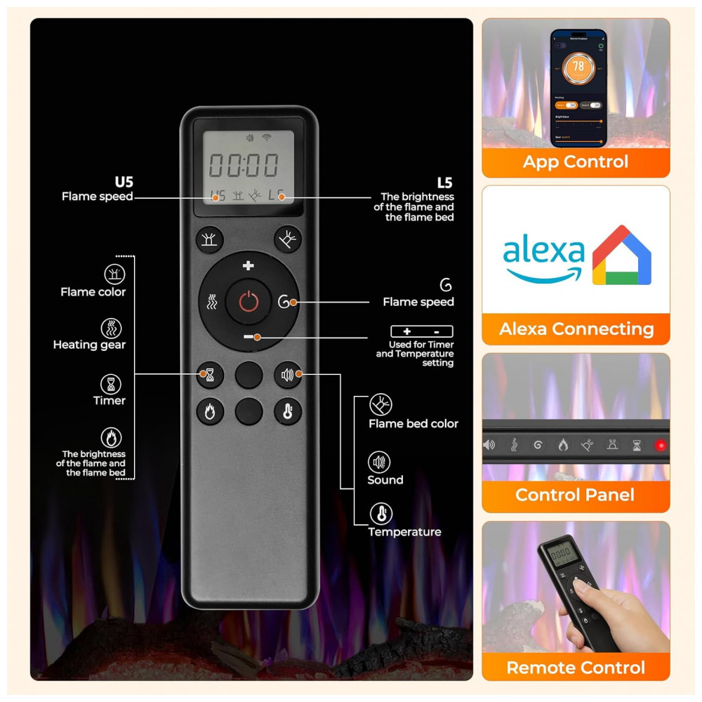 Lareira Elétrica R.W.FLAME 91x43cm 1500W WiFi Alexa Sons Chamas LED Embutir 110V