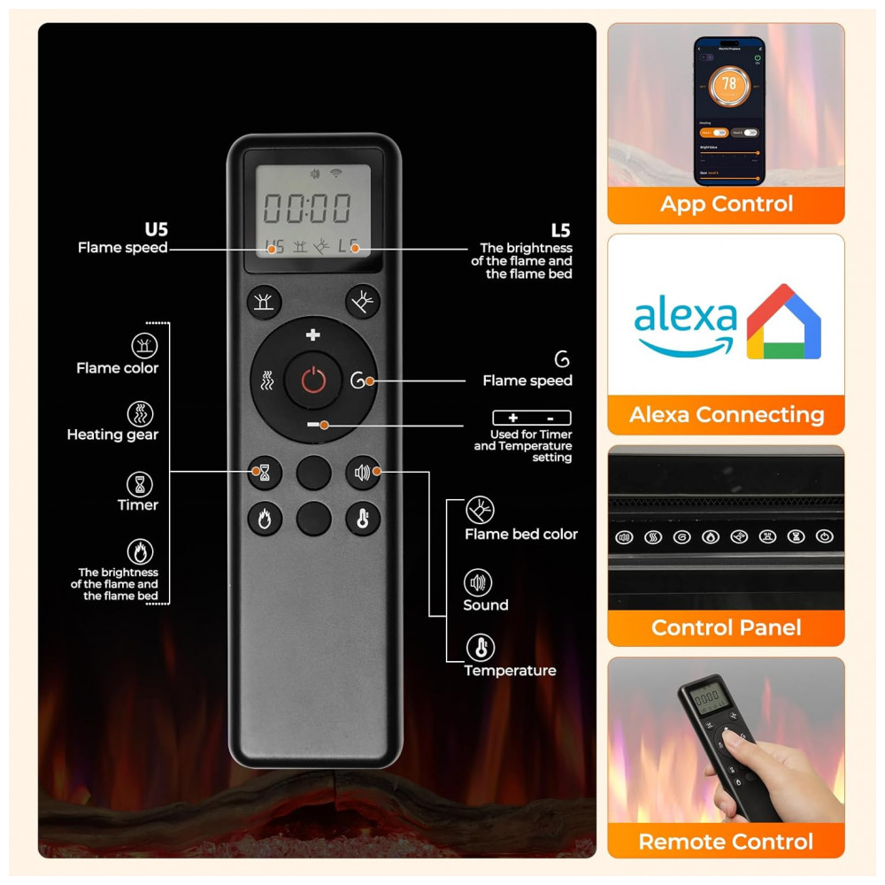 Lareira Elétrica R.W.FLAME 107x45cm 1500W WiFi Alexa Sons Embutir 110V