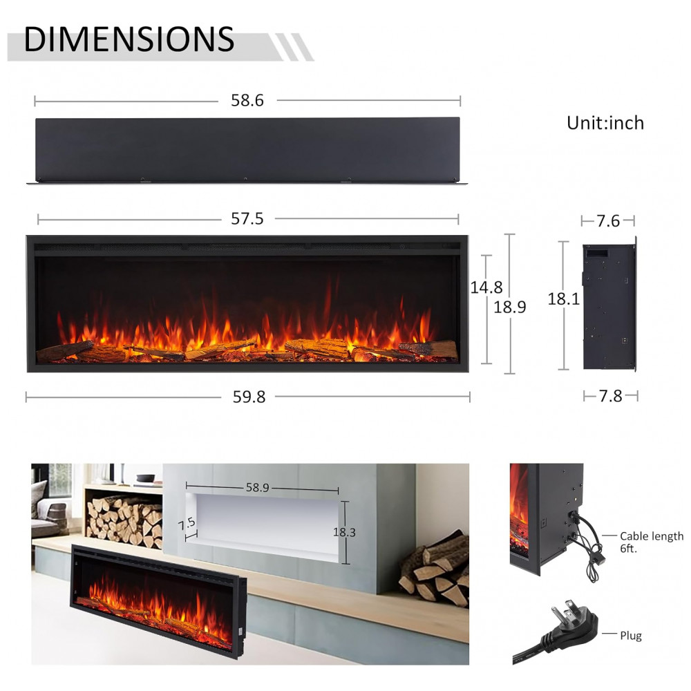 Lareira Elétrica Recessed Parede Smart LegendFlame Preta EF354A 120V largura 152 cm x altura 48 cm