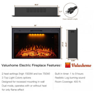 Lareira Elétrica Valuxhome 127x70cm 1500W Chamas LED Som Crepitar Embutir 110V