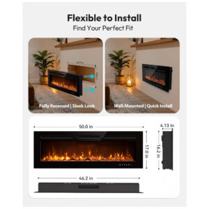 Lareira Elétrica EUHOMY XEFL 50 de Embutir e Parede 127 cm 50 750 1500 W Efeito Chama LED Uso Interno