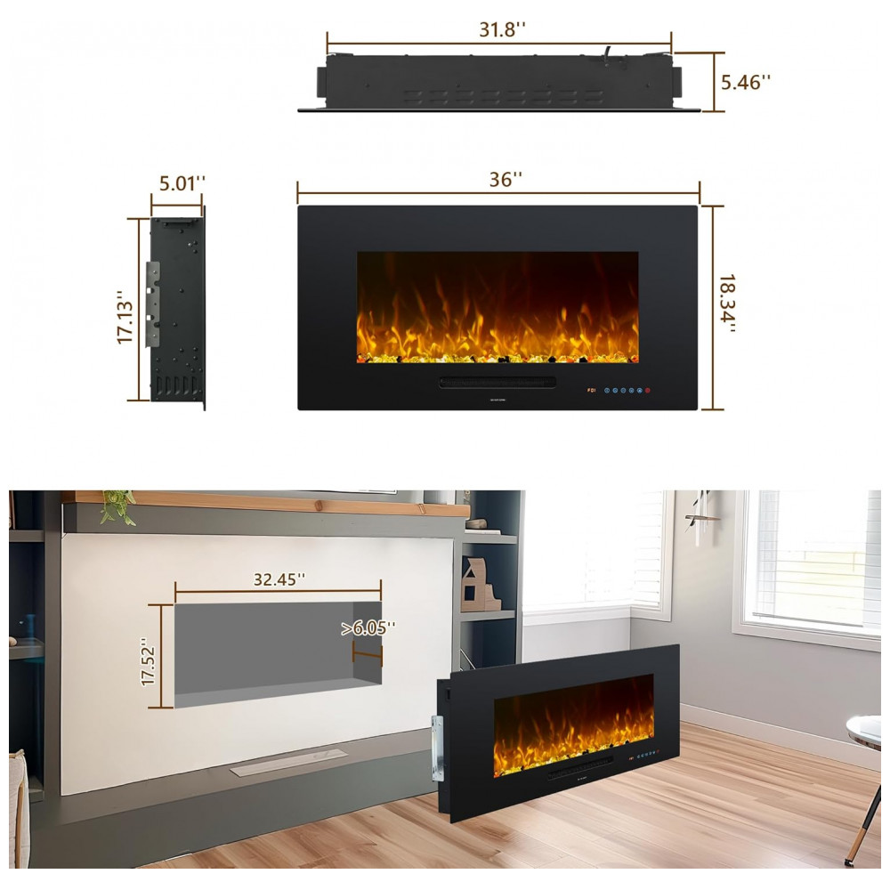 Lareira Elétrica Oxhark Flame 91x44cm 1500W Chamas 13 Cores Touch Embutir 110V