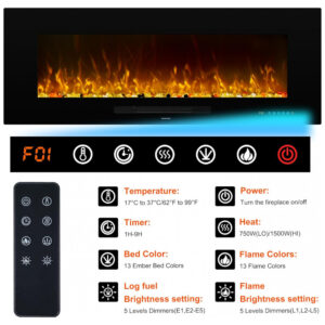Lareira Elétrica Oxhark Flame 91x44cm 1500W Chamas 13 Cores Touch Embutir 110V