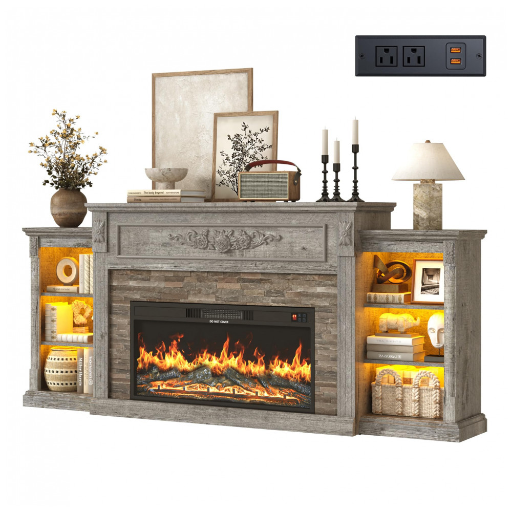Rack TV Lareira Elétrica Hlivelood 216x95cm 1500W Chamas LED Farmhouse 110V