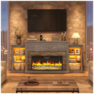 Rack TV Lareira Elétrica Hlivelood 216x95cm 1500W Chamas LED Farmhouse 110V