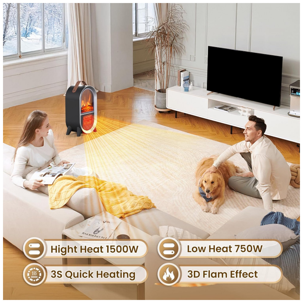 Lareira Elétrica Riseon 20x34cm 1500W Chamas 3D Portátil Preto 110V