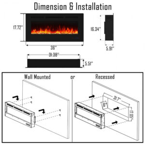Lareira Elétrica de Embutir A45x91L com Controle Remoto e Digital, Luz LED, Chama Ajustável e Temporizador, 1500W, 110v, CHEERWAY, Preto