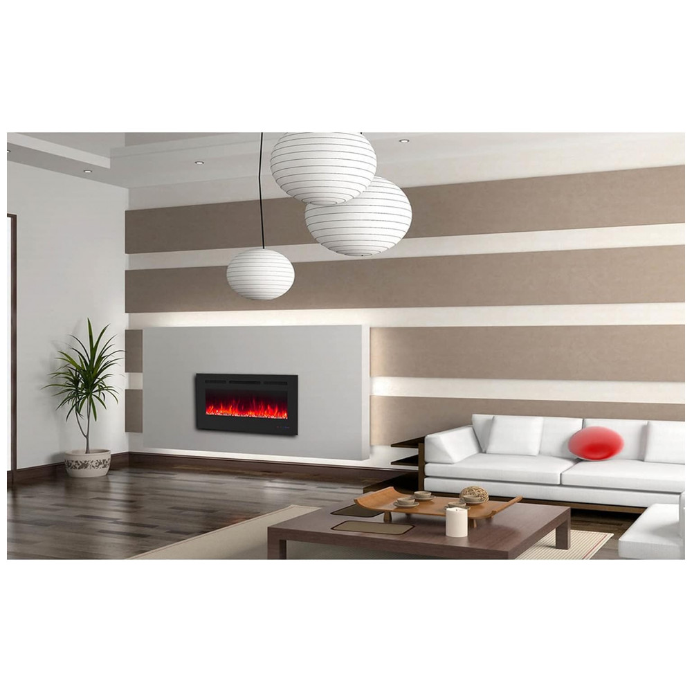 Lareira Elétrica de Embutir A45x91L com Controle Remoto e Digital, Luz LED, Chama Ajustável e Temporizador, 1500W, 110v, CHEERWAY, Preto