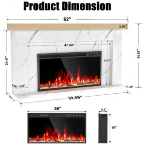 Lareira Elétrica Eshoma 157x33x88cm 1500W Chamas LED 15 Cores Portátil 110V